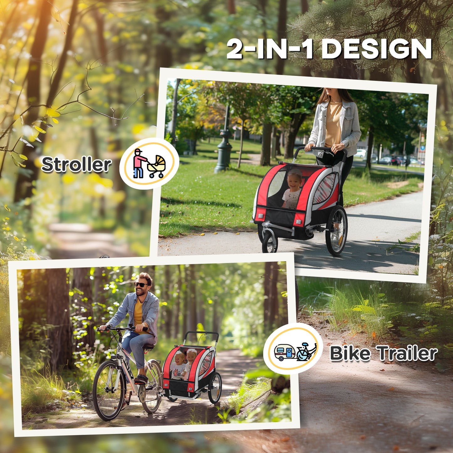 2 Seat Child Bike Trailer, Baby Bicycle Trailer for 2 Kids, Red