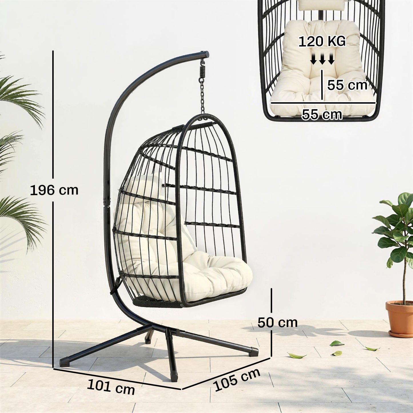 Hanging Egg Chair, Indoor Outdoor Hammock Swing Chair with Stand, Safety Strap, Foldable Basket, Thick Cushions, Headrest, Adjustable Height, Metal Frame for Garden Balcony, Black/Cream White