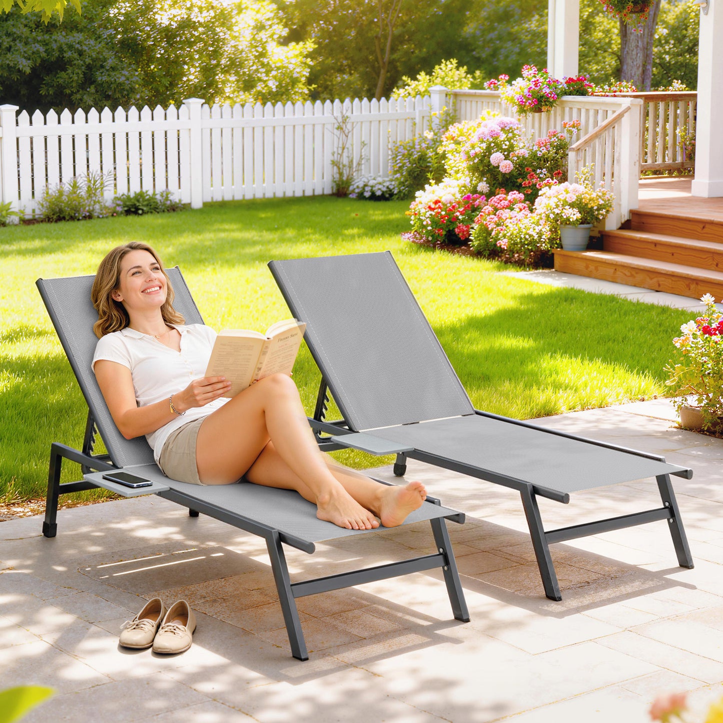 Sun Loungers for Garden Set of 2 with Side Tray Table, Grey