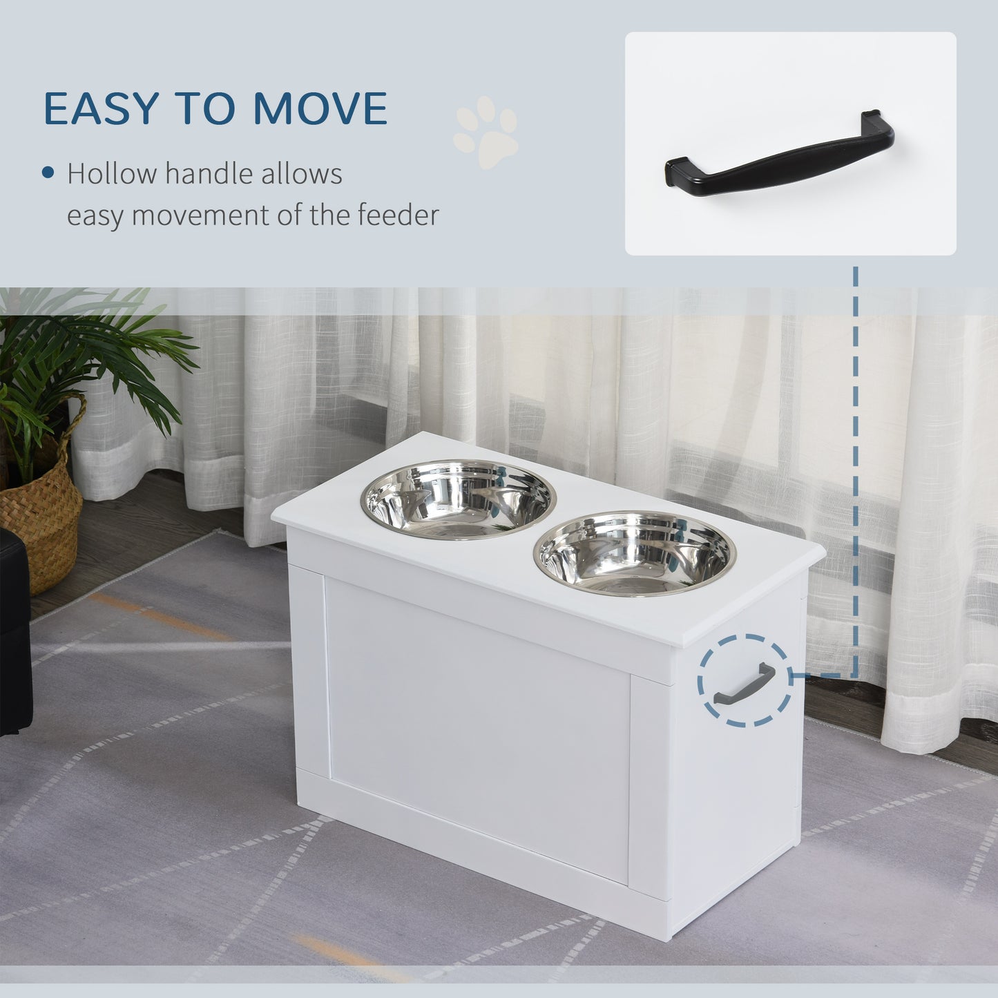 Raised Dog Bowls Pet Feeding Storage Station with 2 Stainless Steel Bowls Base for Large Dogs and Other Large Pets, White