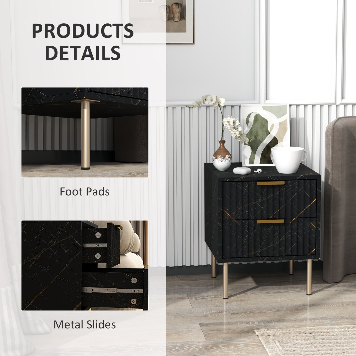 Bedside Table Bedside Cabinet with 2 Drawers for Bedroom, Black
