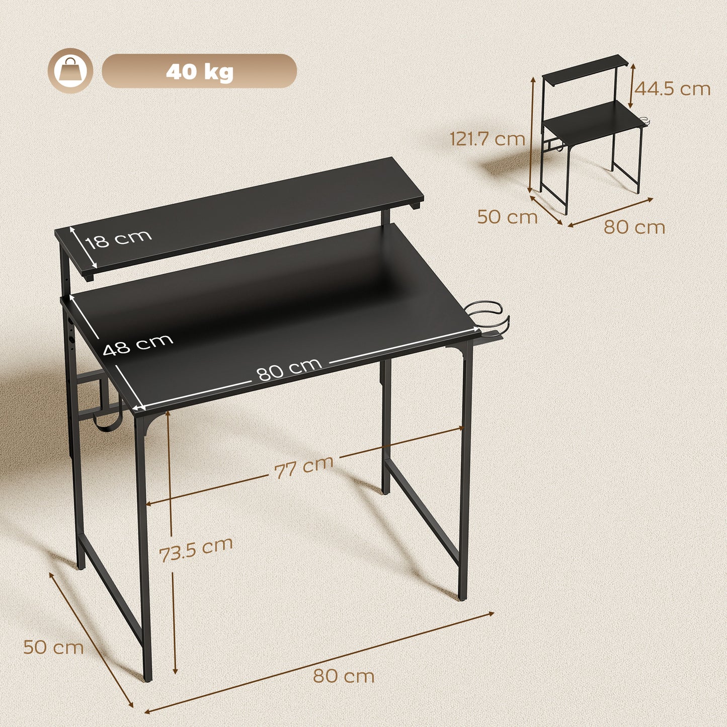 Computer Desk, 80cm Home Office Study Table with Hutch Shelf, Black