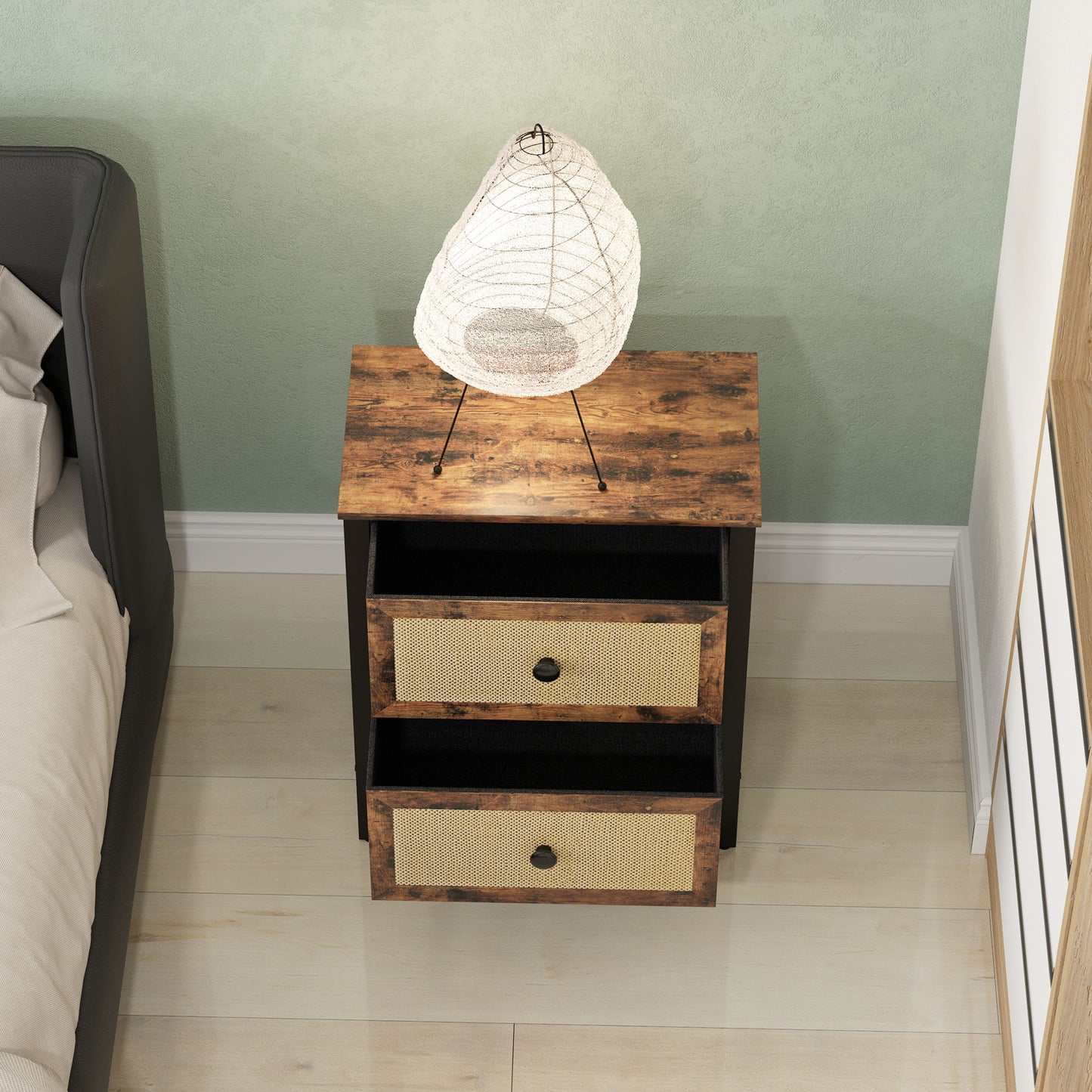 Bedside Table with 2 Rattan Drawers and Steel Legs, Rustic Brown