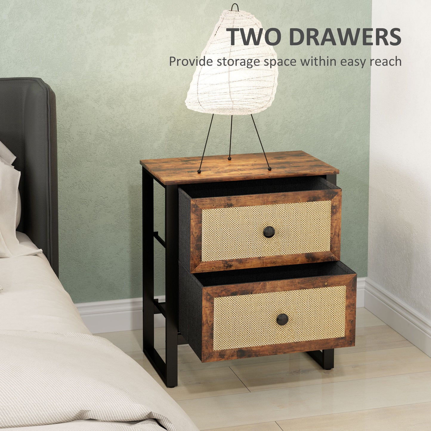 Bedside Table with 2 Rattan Drawers and Steel Legs, Rustic Brown