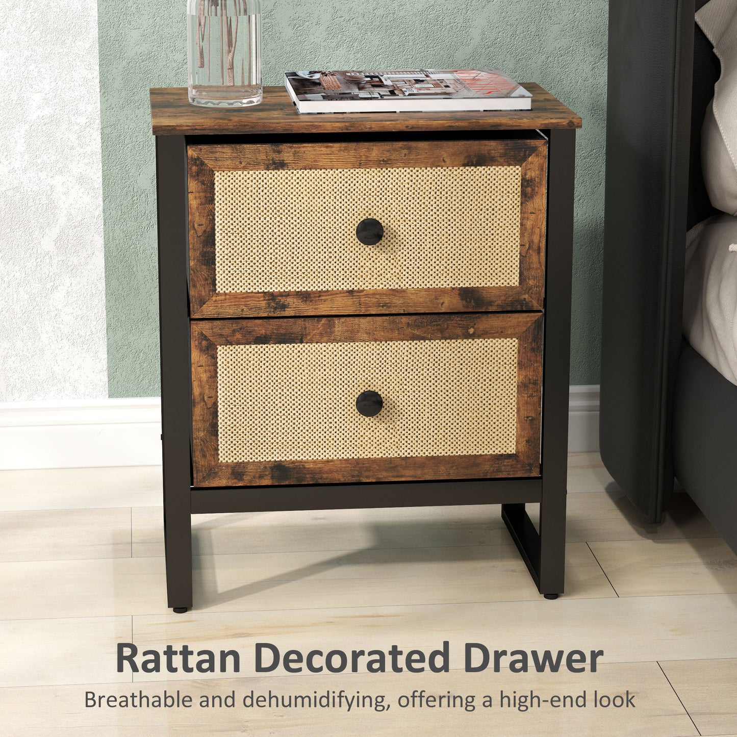 Bedside Table with 2 Rattan Drawers and Steel Legs, Rustic Brown