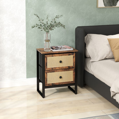 Bedside Table with 2 Rattan Drawers and Steel Legs, Rustic Brown