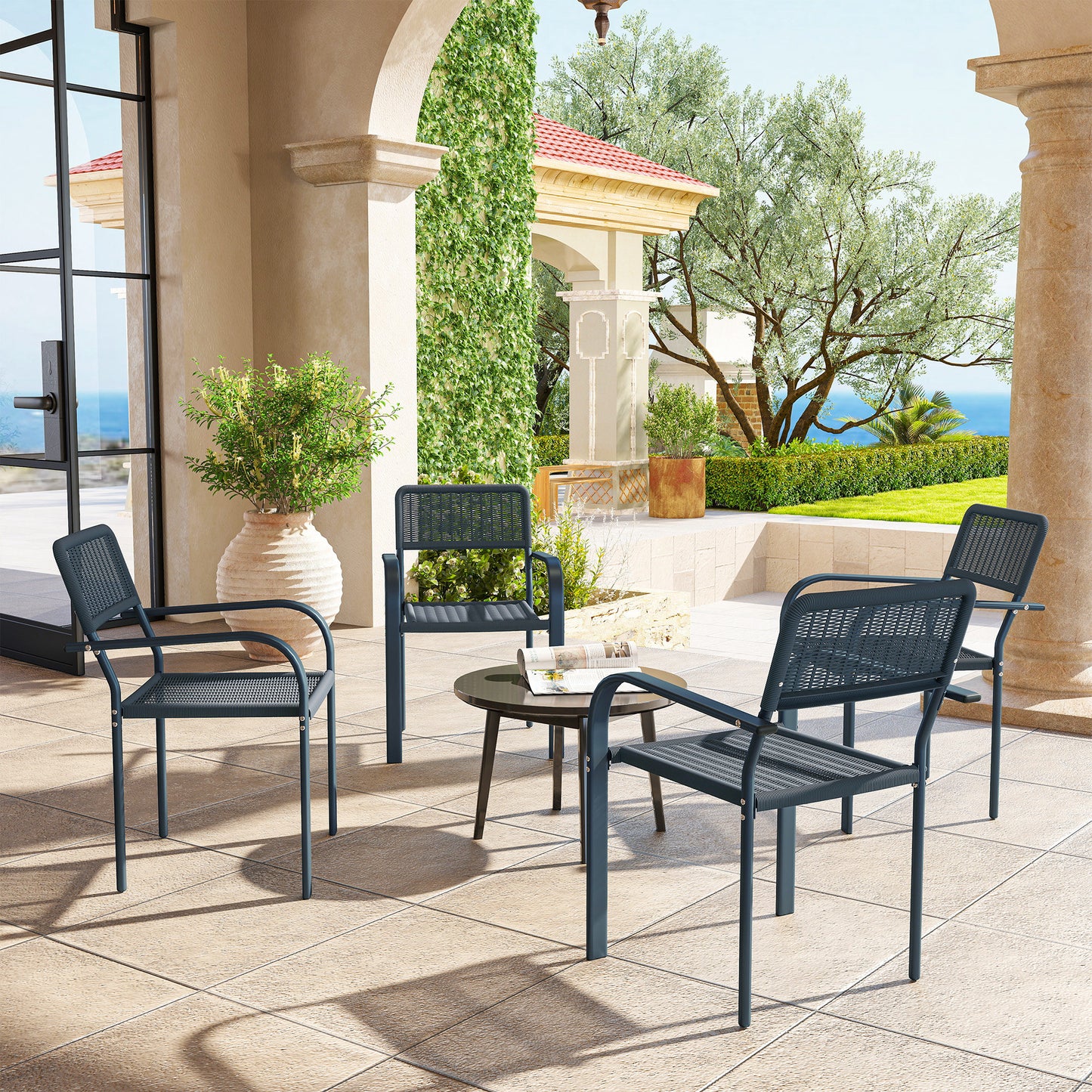 Garden Chairs Set of 4, Stackable & Rattan Effect, Dark Grey