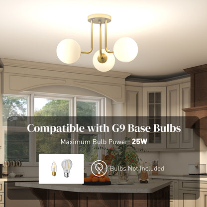 Light Fixture with 3-Light Globe Shades, Modern Ceiling Light, Gold