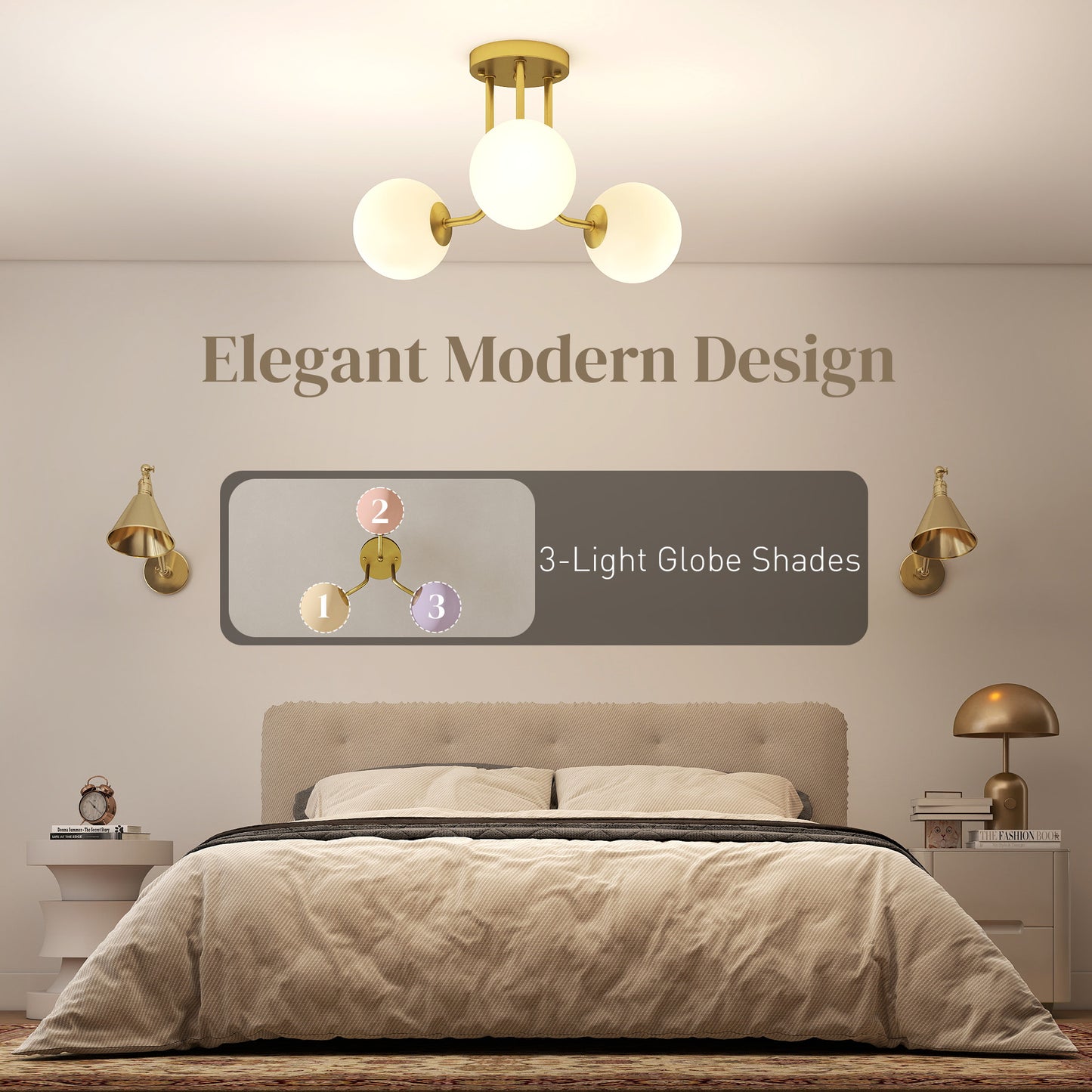 Light Fixture with 3-Light Globe Shades, Modern Ceiling Light, Gold