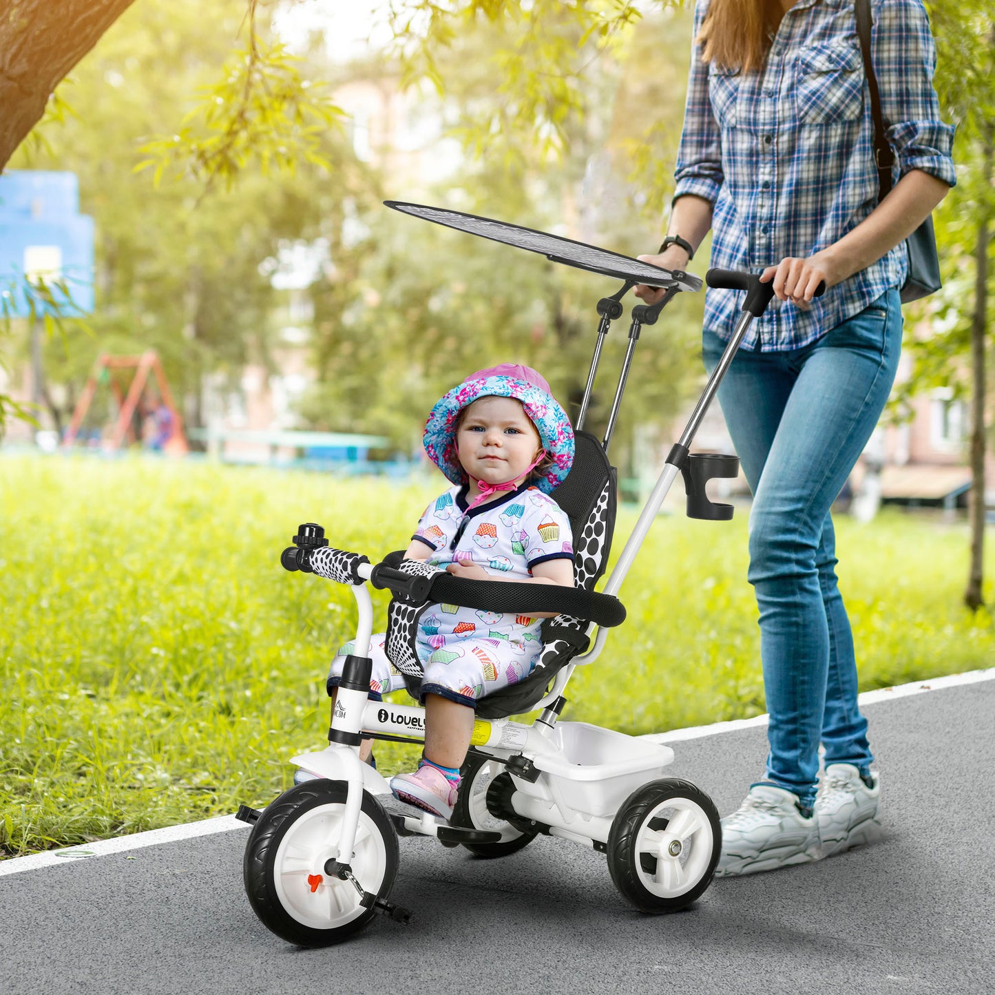 6 in 1 Kids Tricycle w/ Removable Handle for 1.5+ year, White