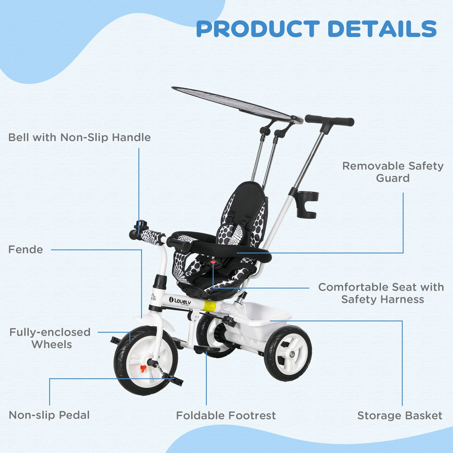 6 in 1 Kids Tricycle w/ Removable Handle for 1.5+ year, White