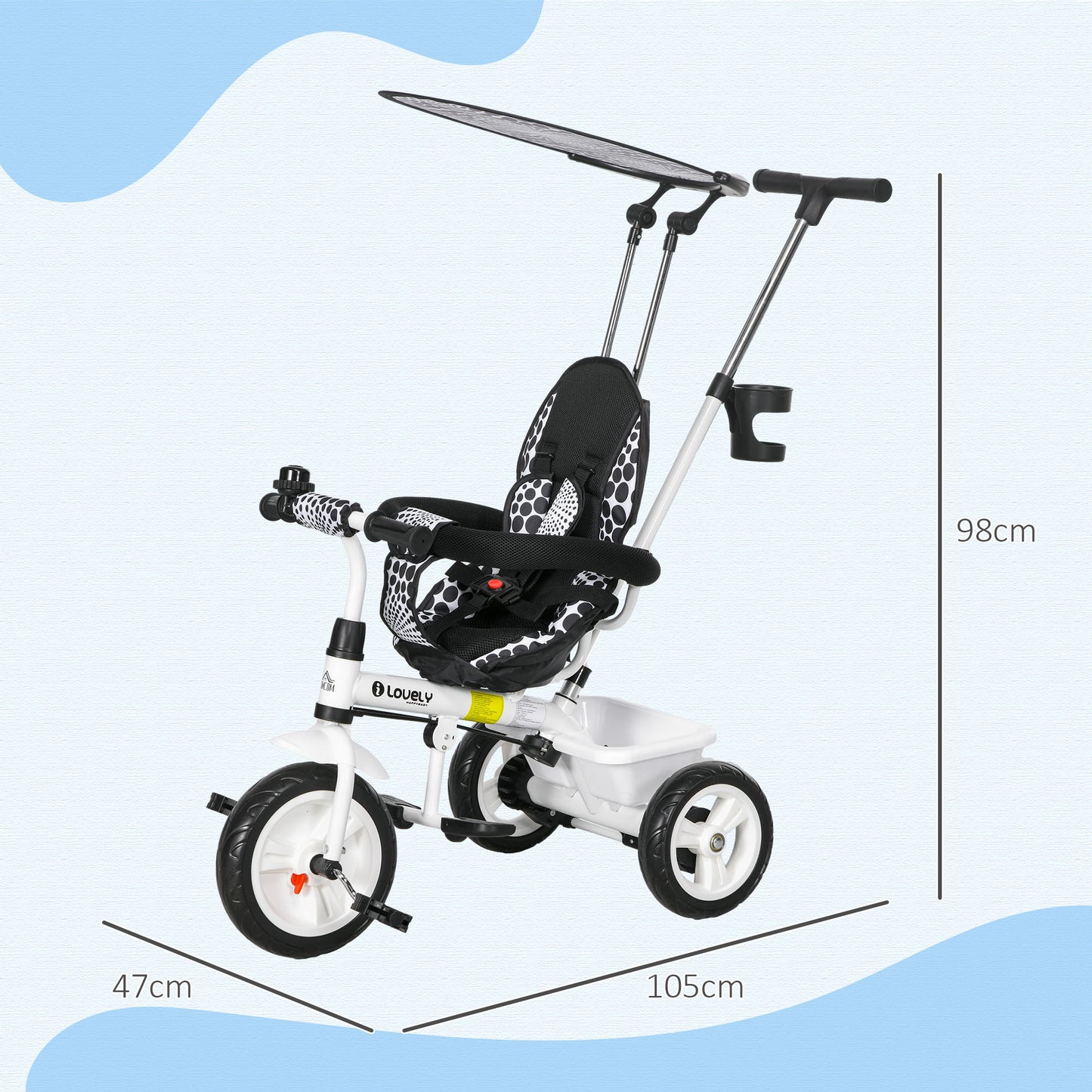 6 in 1 Kids Tricycle w/ Removable Handle for 1.5+ year, White