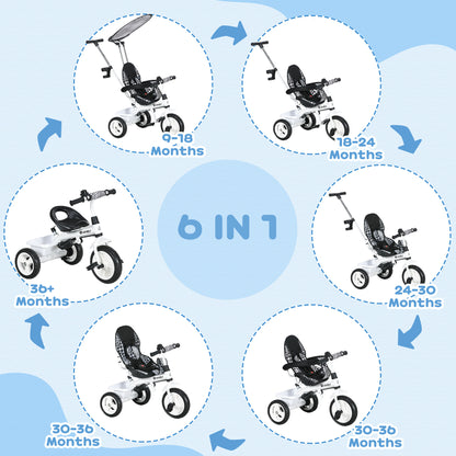 6 in 1 Kids Tricycle w/ Removable Handle for 1.5+ year, White