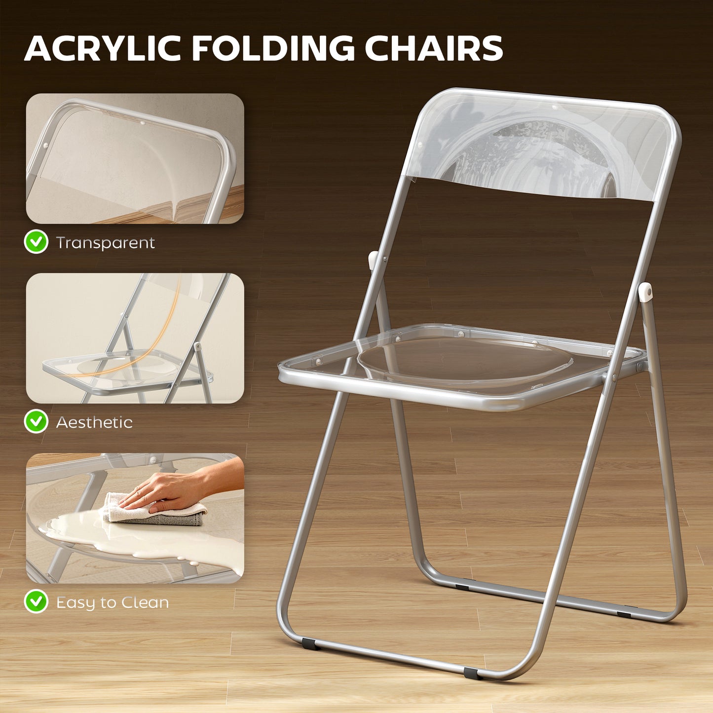 Foldable Chairs with Heavy Duty Steel Frame, Clear