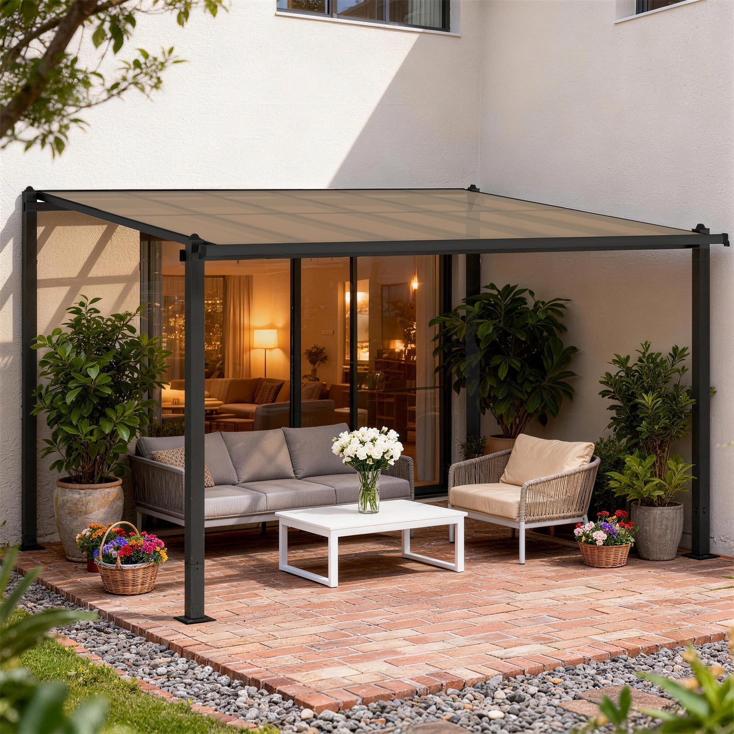 3.6 x 3 m Lean to Garden Pergola with Drainage Gutters, Dark Grey