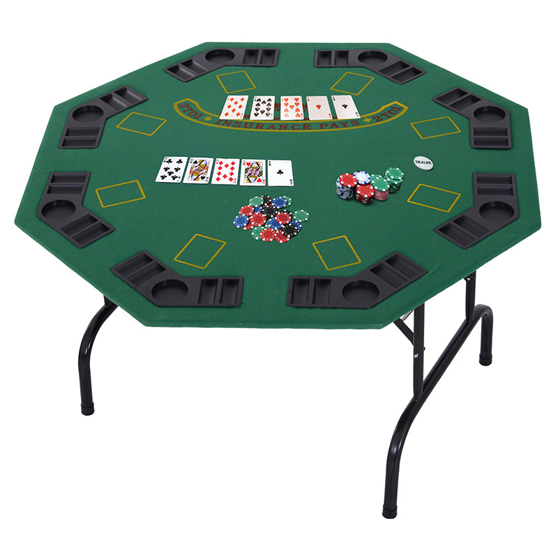 8 Player Folding Games Poker Table Chip Cup Holder Steel Base Green