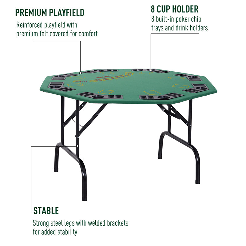 8 Player Folding Games Poker Table Chip Cup Holder Steel Base Green
