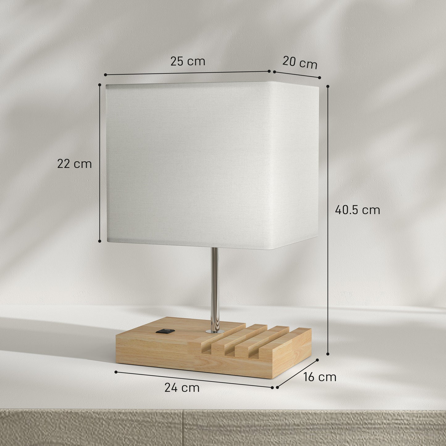 Table Lamp with 3 Slots, Bedside Lamp with Solid Wood Base, White