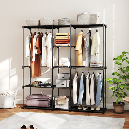 Portable Wardrobe, Open Clothes Wardrobe with 8 Shelves, 3 Hanging Rails, Freestanding Coat Rack Organiser, 182 x 43 x 185cm, Black