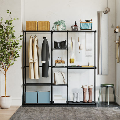 Portable Wardrobe, Open Clothes Wardrobe with 8 Shelves, 3 Hanging Rails, Freestanding Coat Rack Organiser, 182 x 43 x 185cm, Black