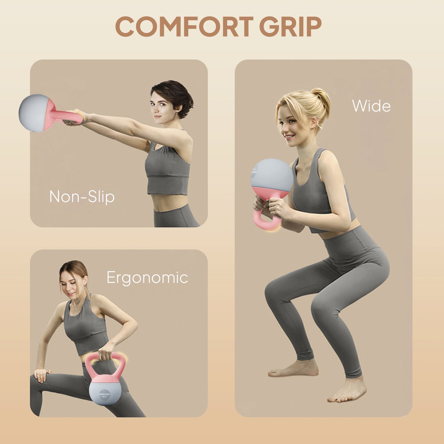 4KG Kettlebell with Soft Body and Non-Slip Handle, Pink and Grey