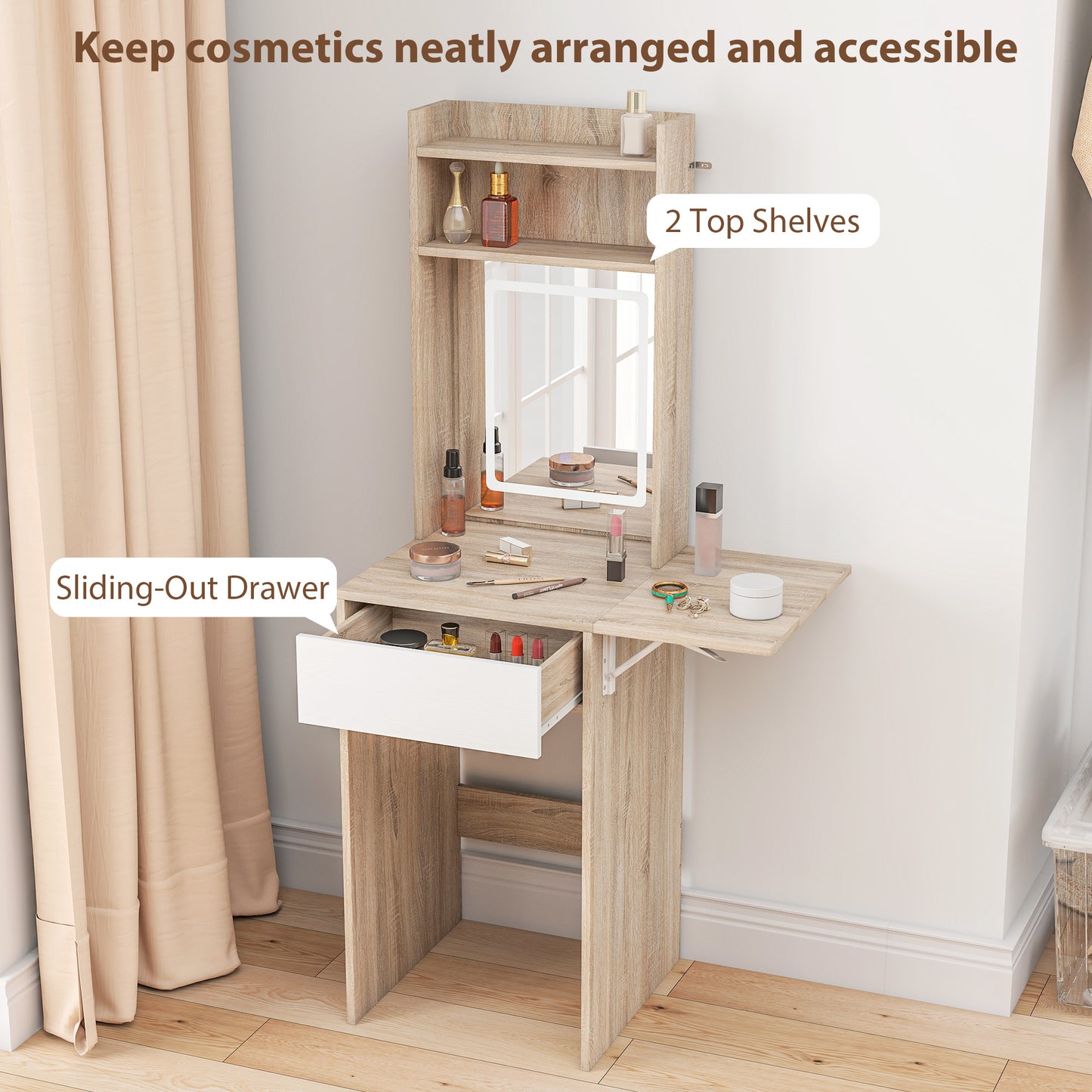 Compact Dressing Table with Lighted Mirror Open Shelves Natural Wood