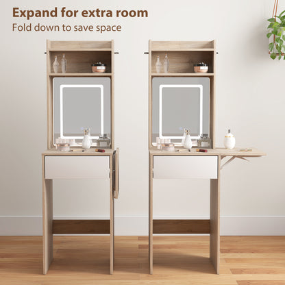 Compact Dressing Table with Lighted Mirror Open Shelves Natural Wood
