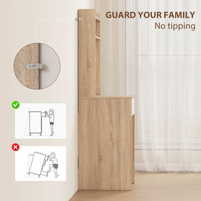 Compact Dressing Table with Lighted Mirror Open Shelves Natural Wood