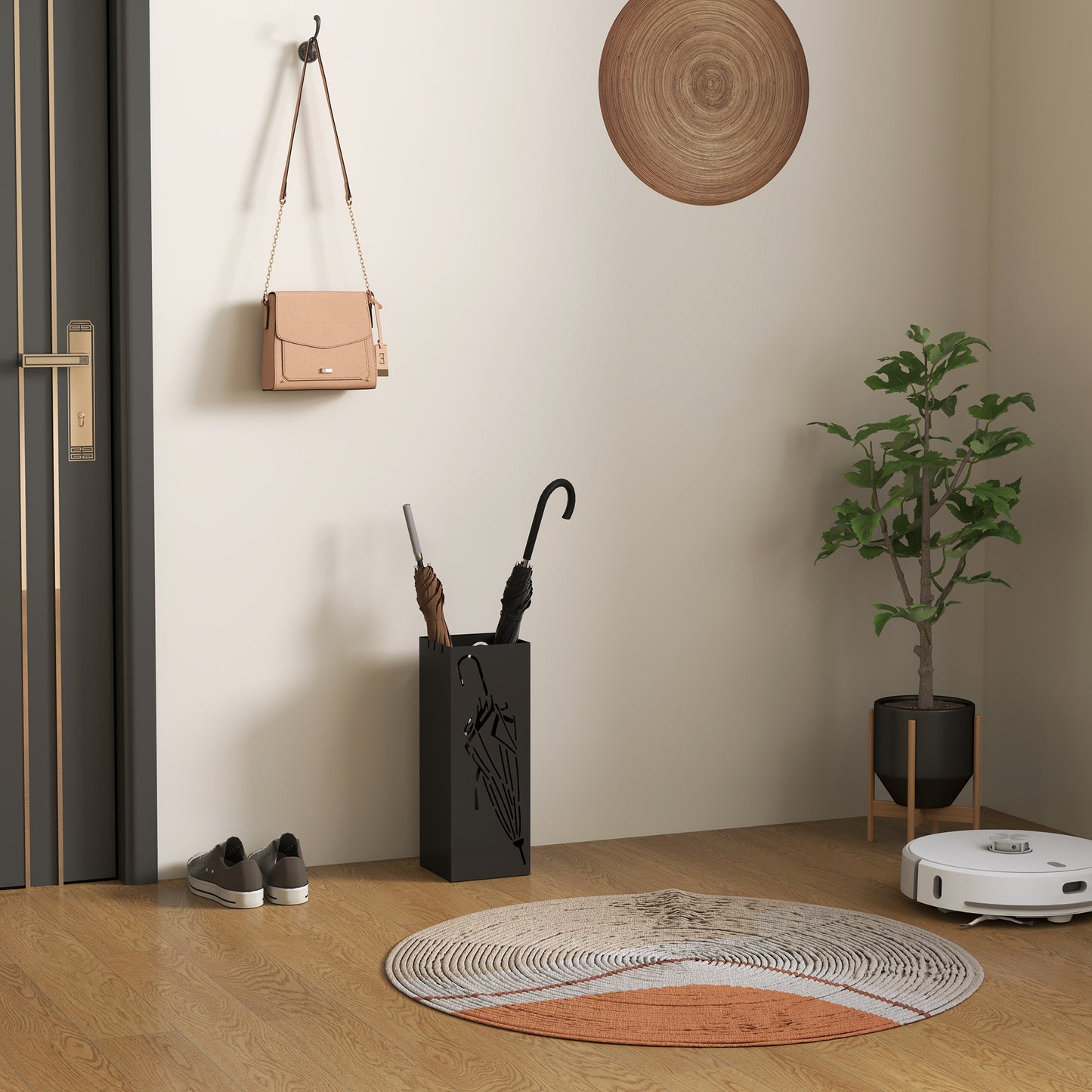 Square Umbrella Holder with Hooks and Water Tray for Entryway Black