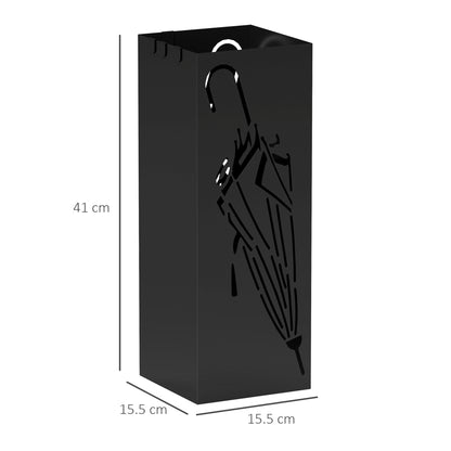 Square Umbrella Holder with Hooks and Water Tray for Entryway Black