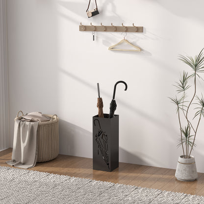 Square Umbrella Holder with Hooks and Water Tray for Entryway Black