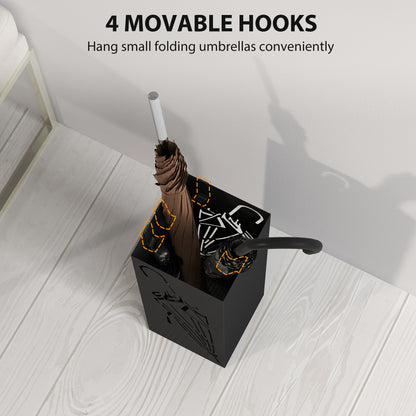 Square Umbrella Holder with Hooks and Water Tray for Entryway Black