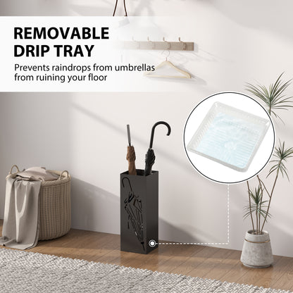 Square Umbrella Holder with Hooks and Water Tray for Entryway Black