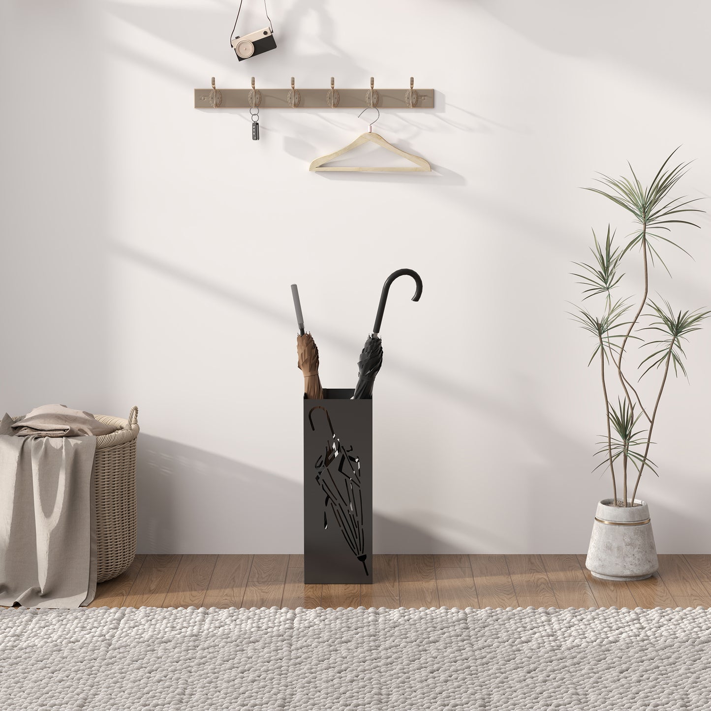 Square Umbrella Holder with Hooks and Water Tray for Entryway Black