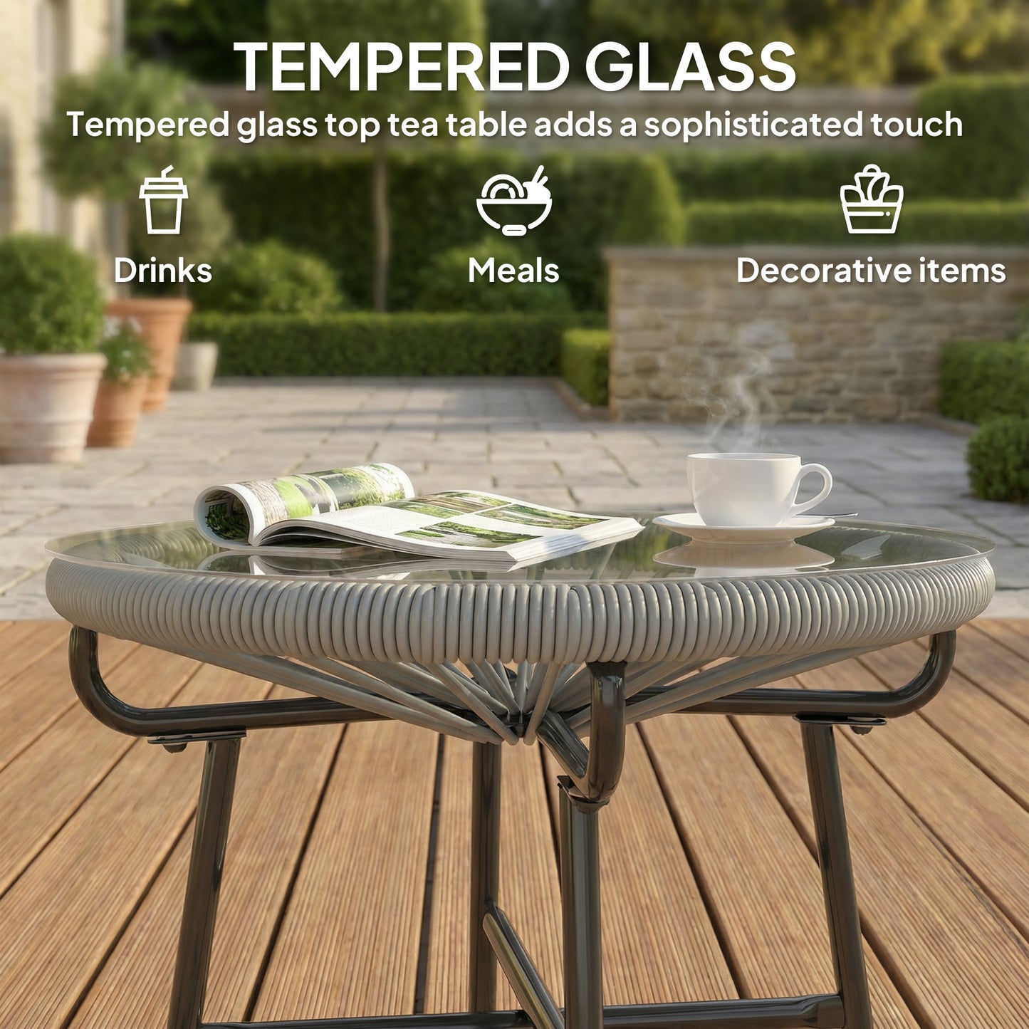 Rattan Side Table w/ Tempered Glass Tabletop, Light Grey