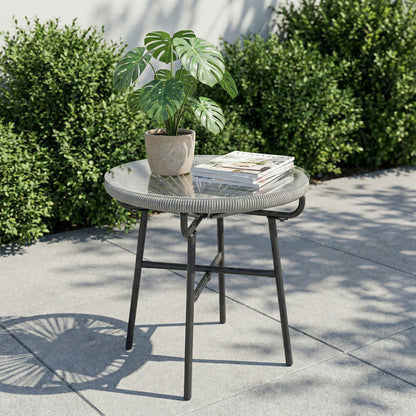 Rattan Side Table w/ Tempered Glass Tabletop, Light Grey