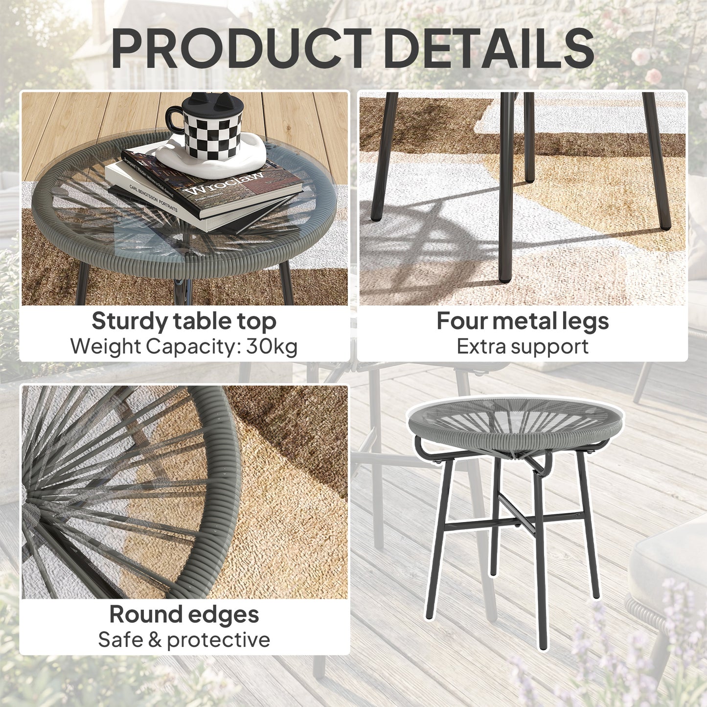 Rattan Side Table w/ Tempered Glass Tabletop, Light Grey