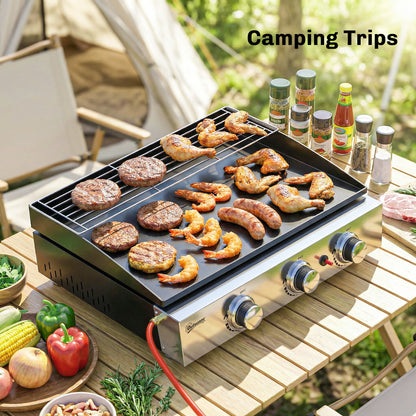 3 Burner Grill Griddle, Tabletop Gas BBQ with Grease Cup, Black