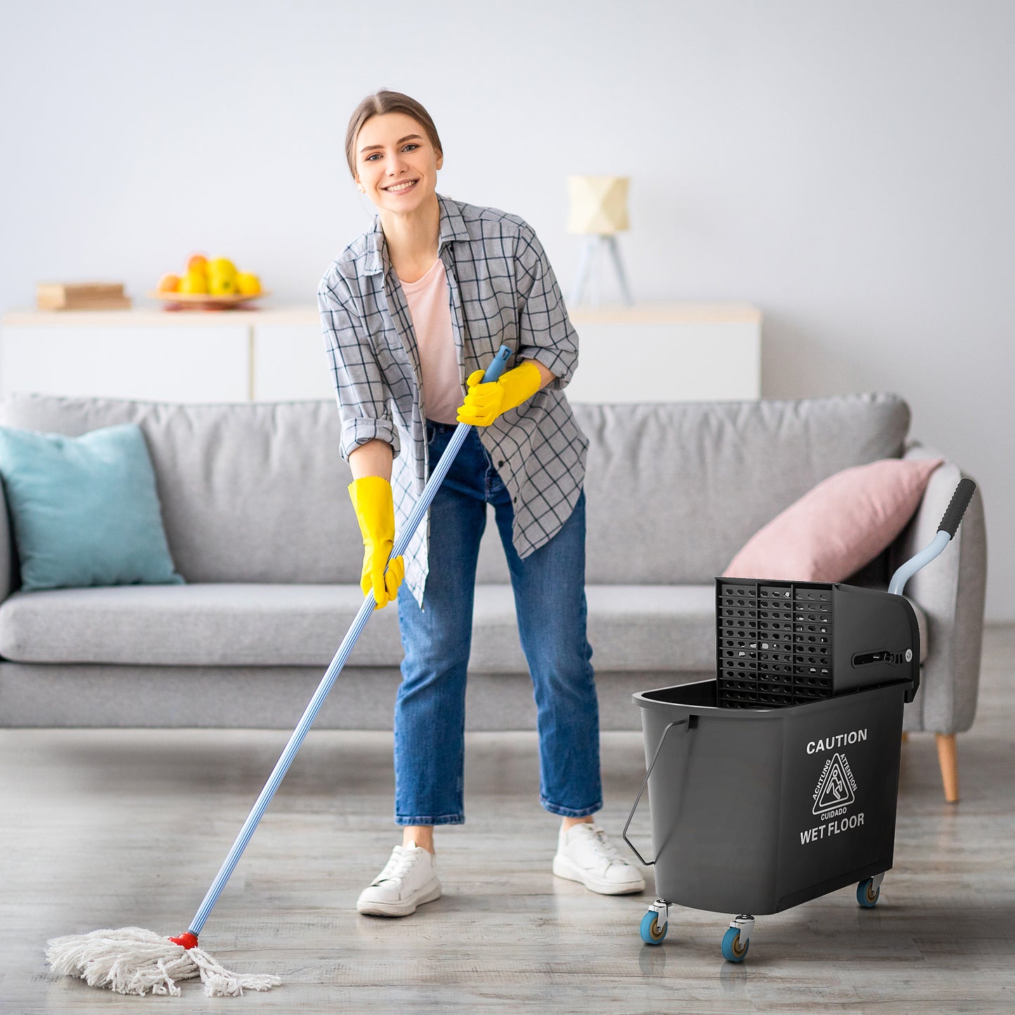 20L Mop Bucket with Wringer Handle on Wheels for Floor Cleaning Black
