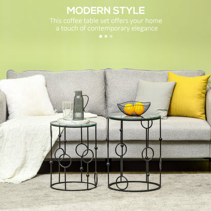 Set of 2 Nesting Coffee Table, Side Tables with Glass Top, Black