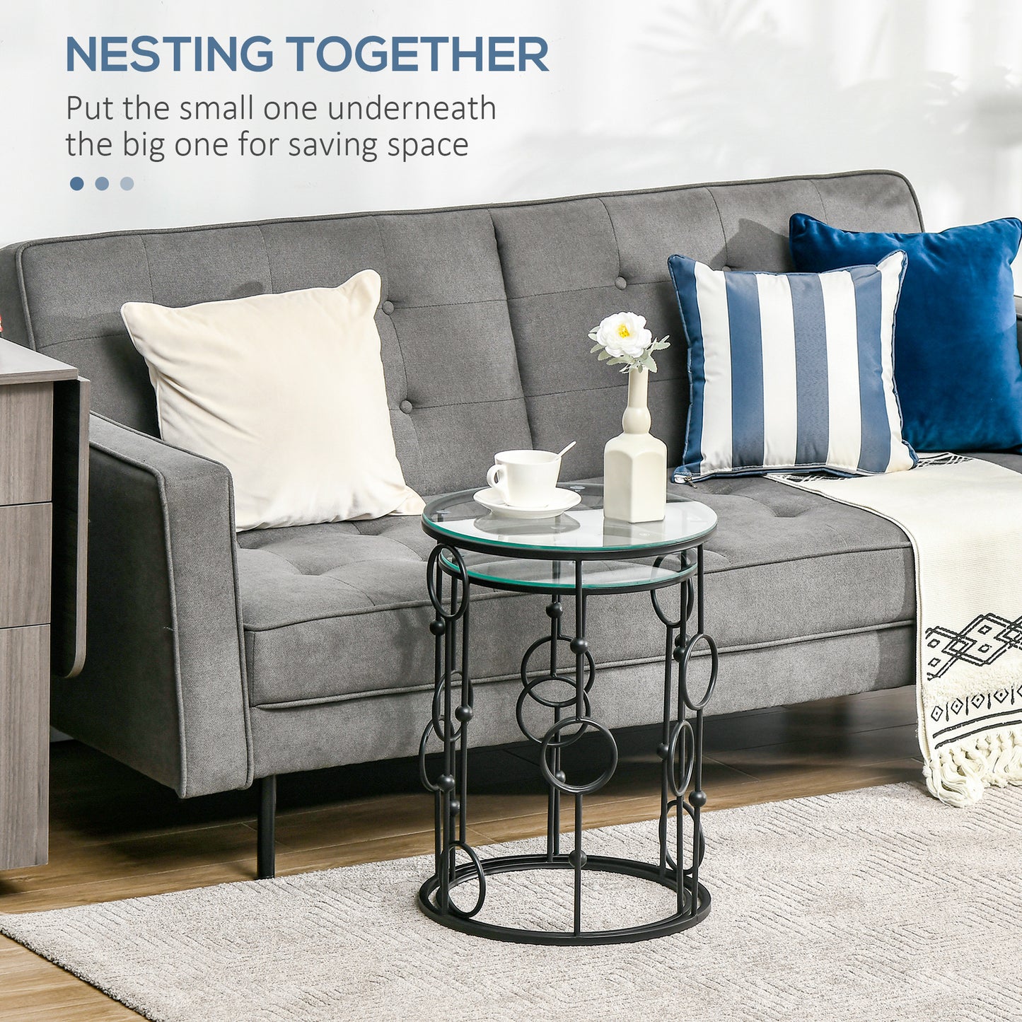 Set of 2 Nesting Coffee Table, Side Tables with Glass Top, Black