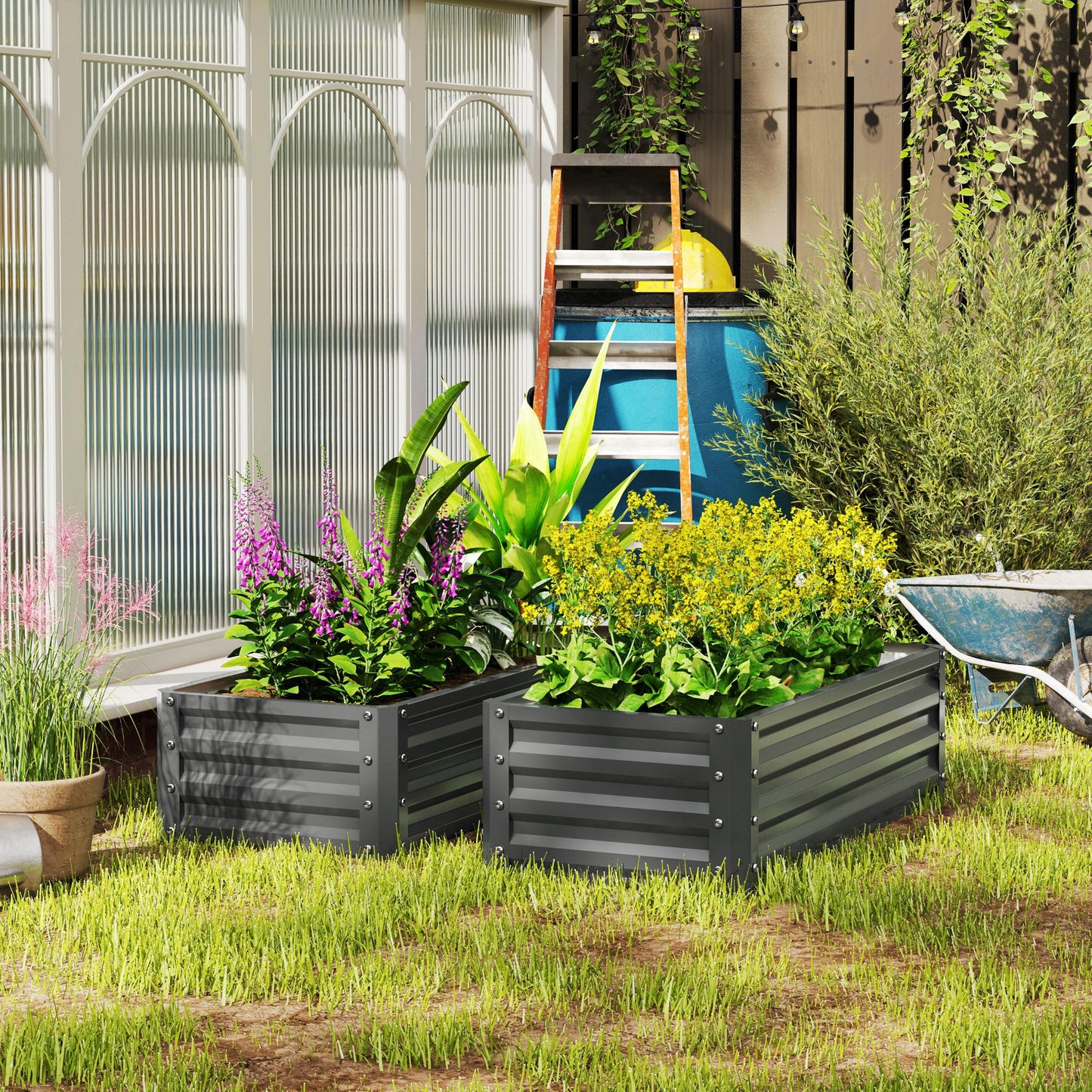 Set of 2 Raised Garden Bed Galvanised Planter Box, Light Grey