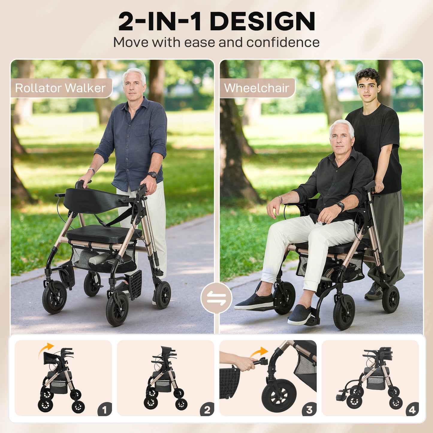 2-in-1 Mobility Walker with Seat, Foldable Rollator with Footrests