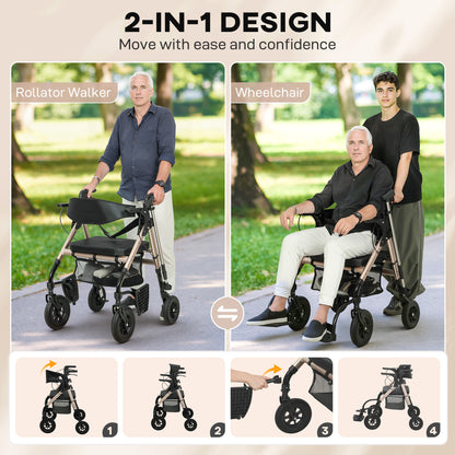 2-in-1 Mobility Walker with Seat, Foldable Rollator with Footrests