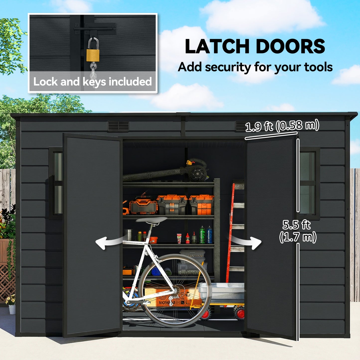 10 x 6 ft Plastic Garden Shed with Floor, Lockable Doors, Dark Grey