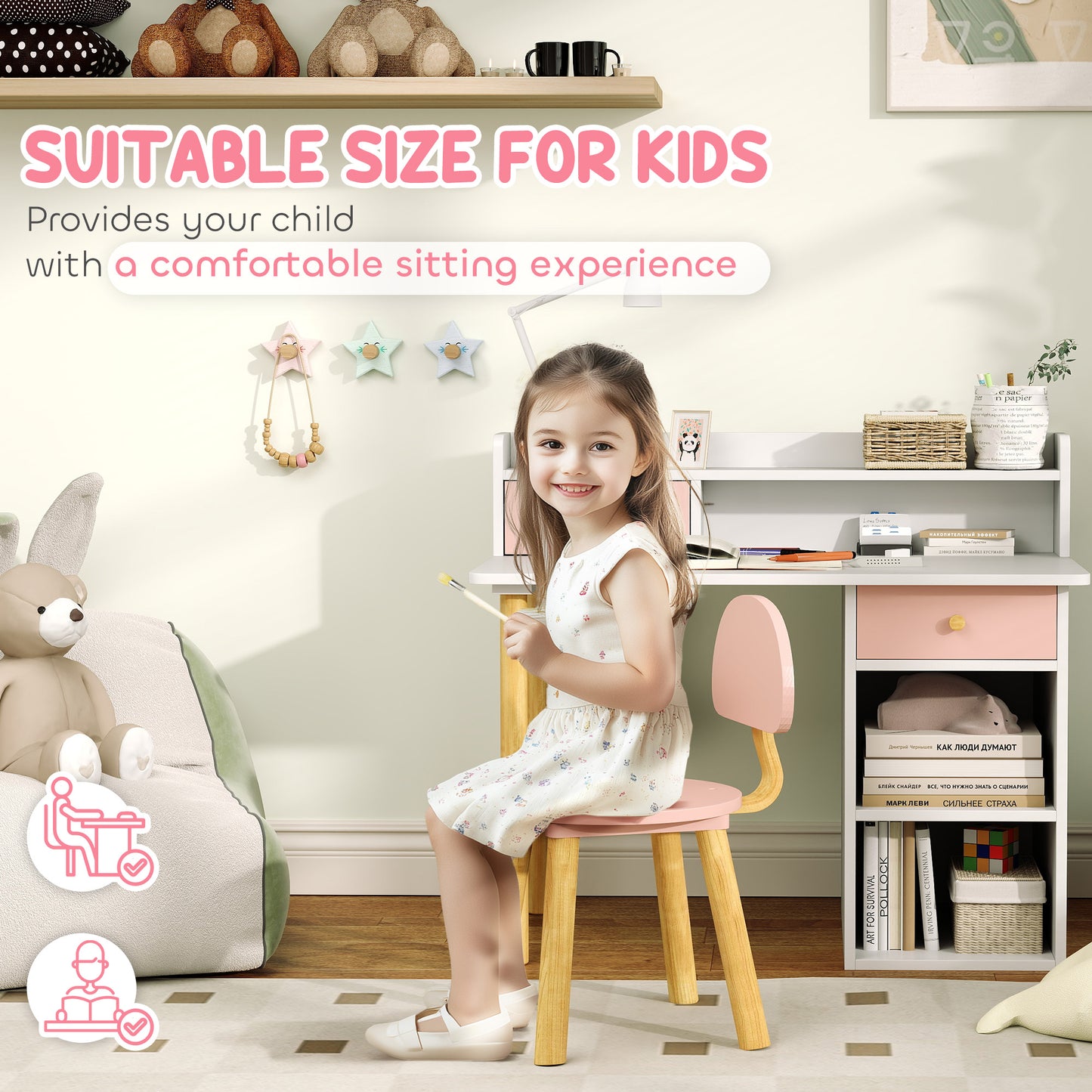 Kids Desk and Chair Set for Studying, Reading and Drawing - Pink