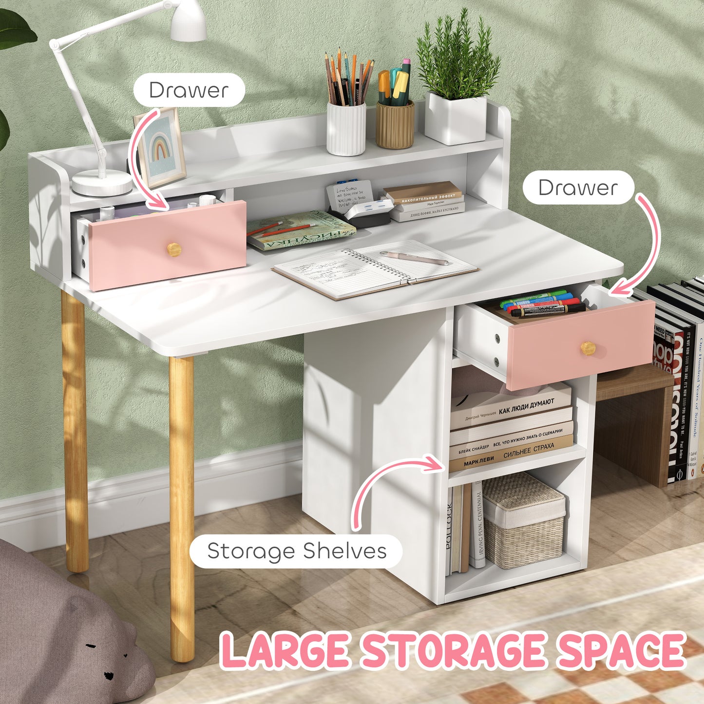 Kids Desk and Chair Set for Studying, Reading and Drawing - Pink