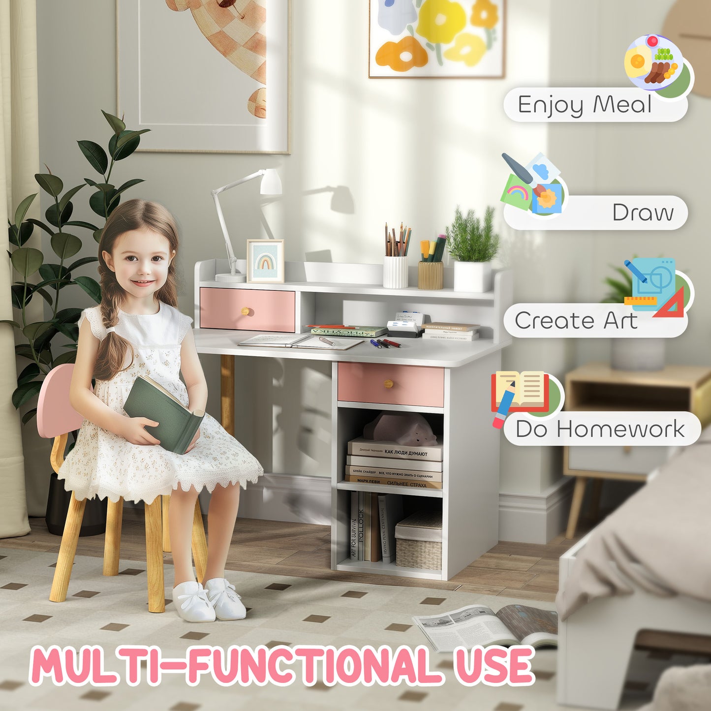 Kids Desk and Chair Set for Studying, Reading and Drawing - Pink