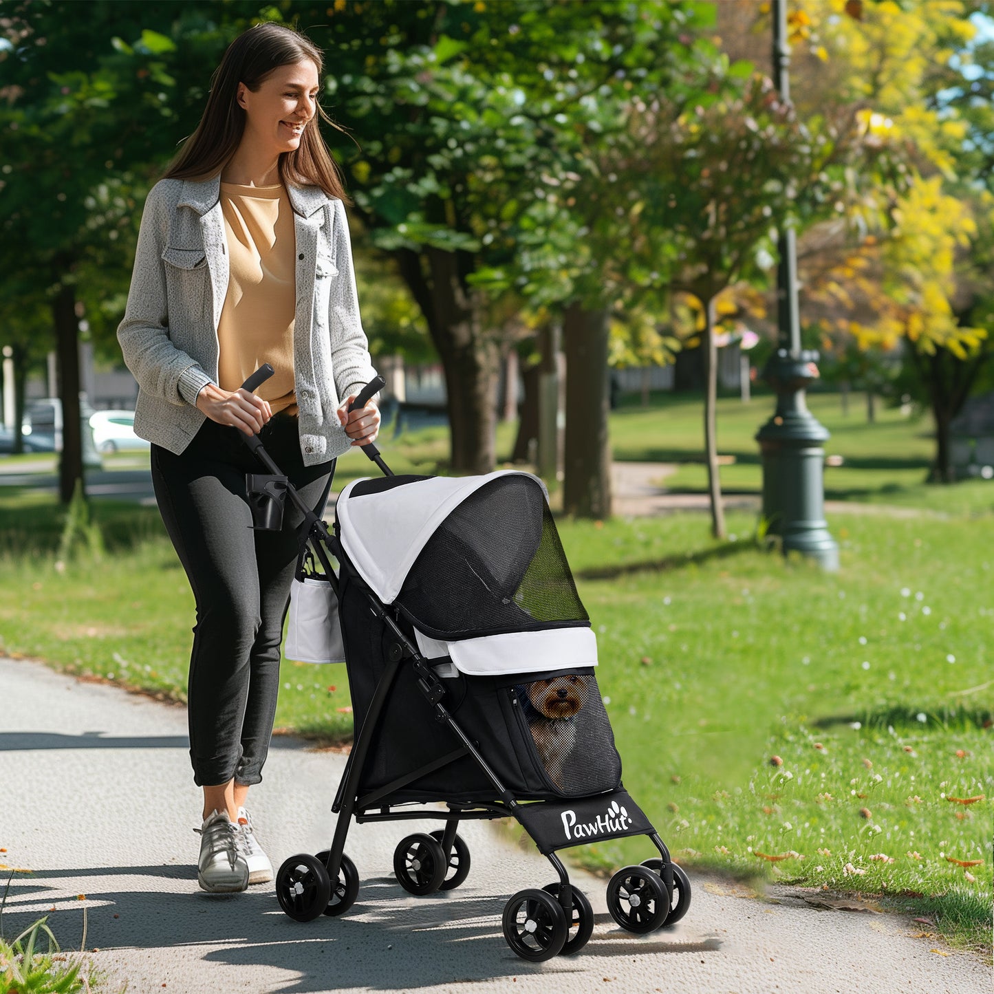 Lightweight Foldable Dog Stroller for Mini Dogs, Light Grey