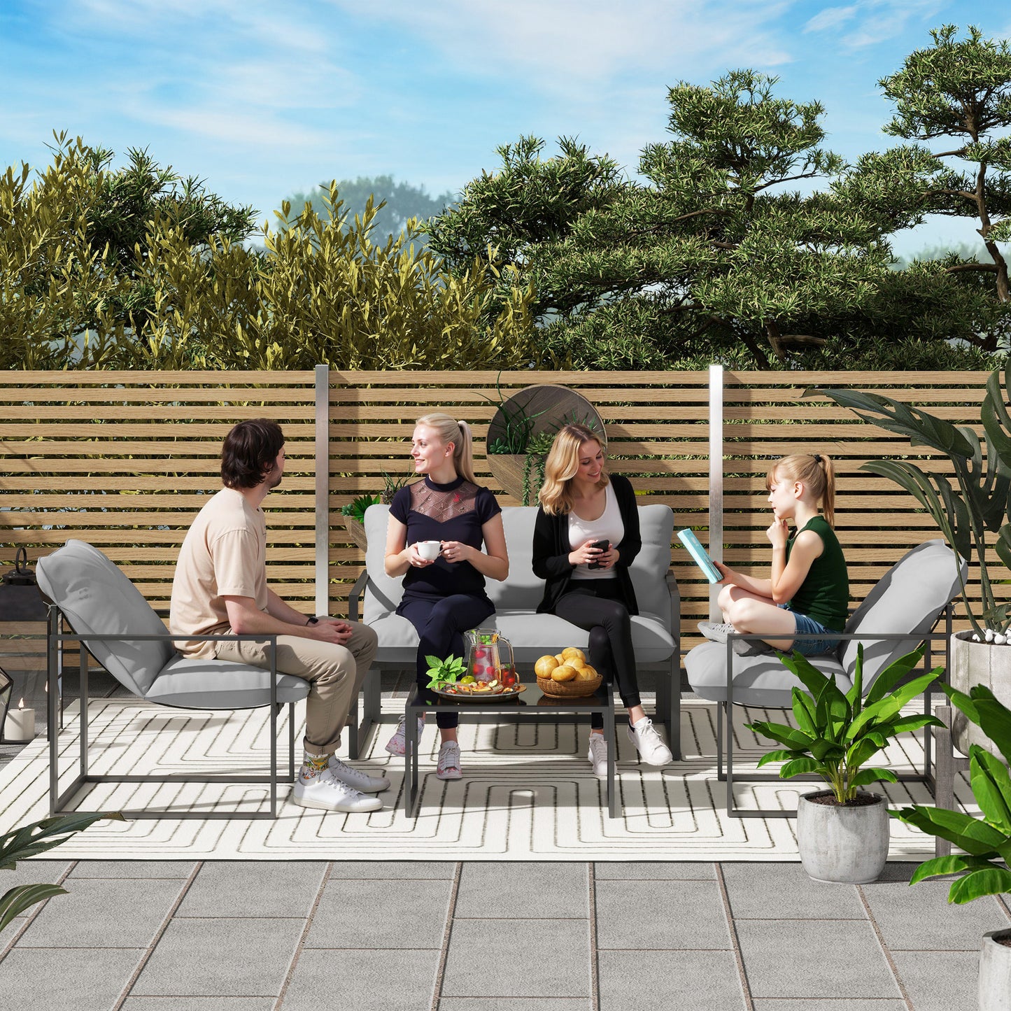 4 PCs Garden Sofa Set with 2 Armchairs Loveseat Coffee Table